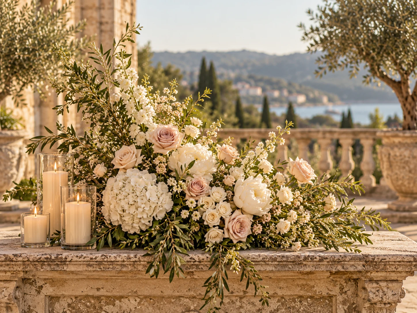 Composição de flores brancas e rosas suaves com velas numa mesa de pedra